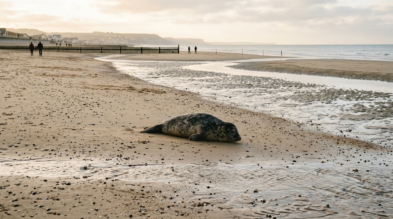 Jeune phoque veau-marin seul sur une plage normande