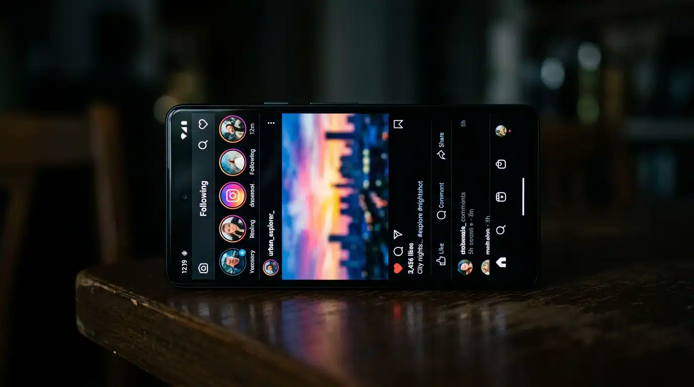 Smartphone illuminé affichant un flux de réseau social flou dans une pièce sombre