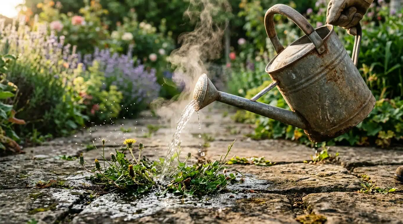 Arrosoir versant un mélange vinaigre sel sur dalles