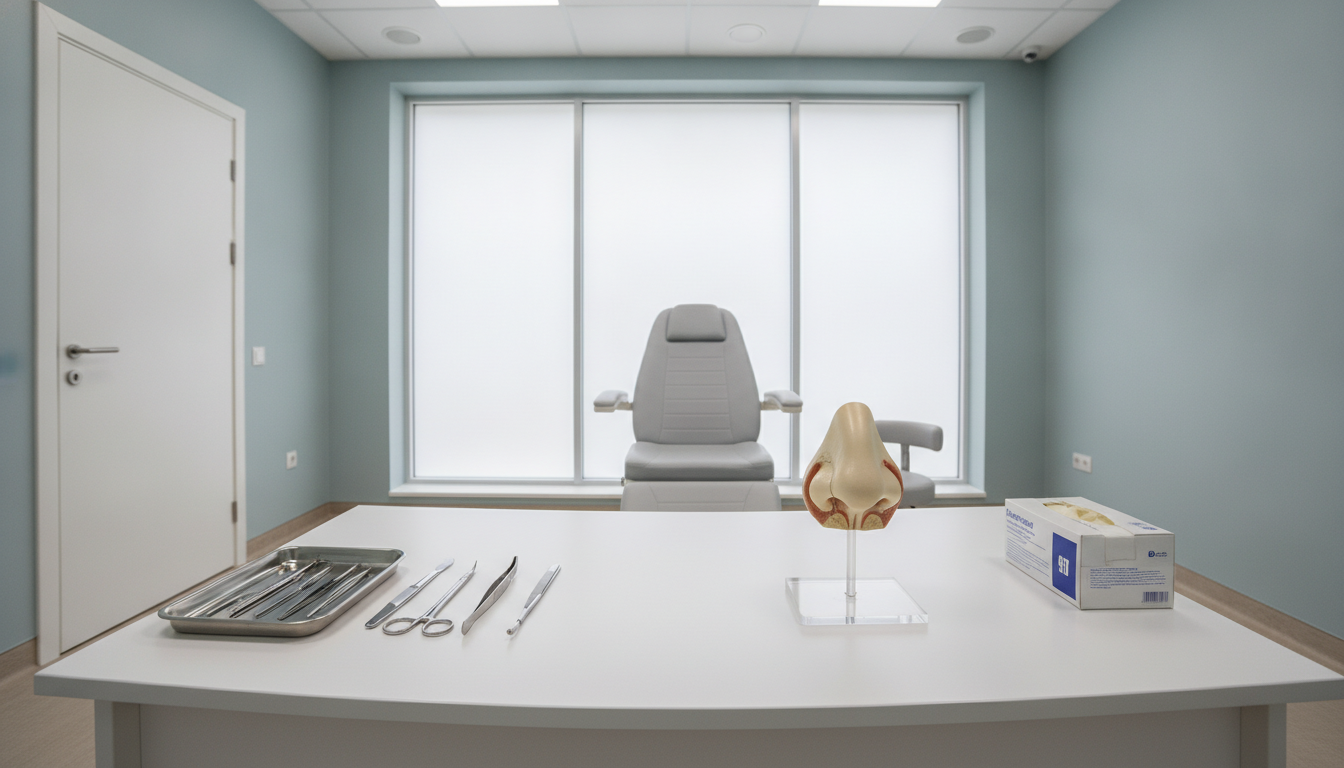 Salle de consultation médicale avec modèle anatomique du nez, illustrant l'opération chirurgicale de Sandra Sisley