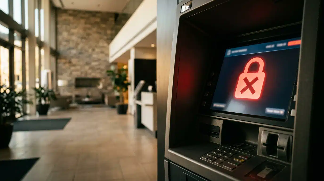 Écran de distributeur bancaire avec icône de blocage