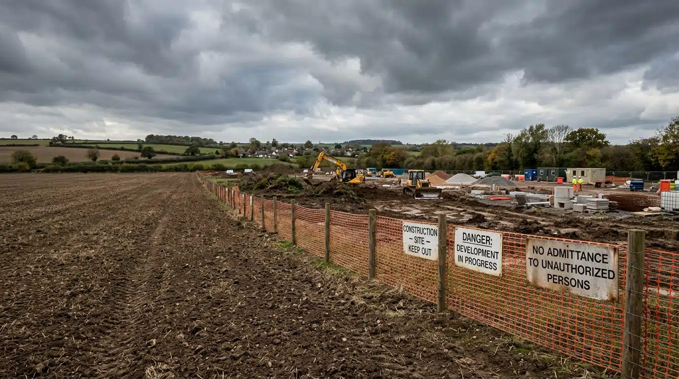 Terrain agricole en friche bordé d'une clôture de chantier