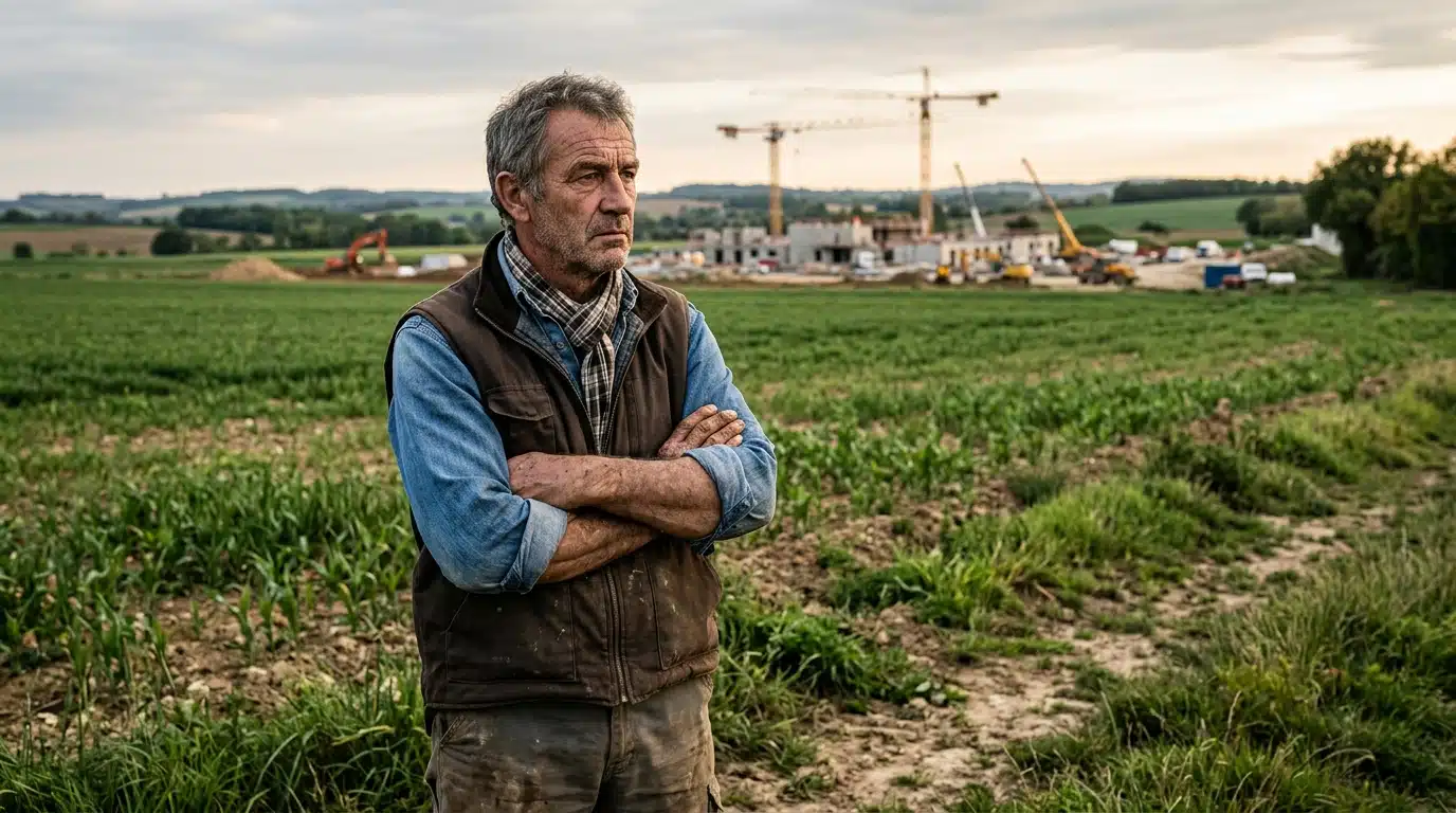 Agriculteur inquiet observant un chantier au loin