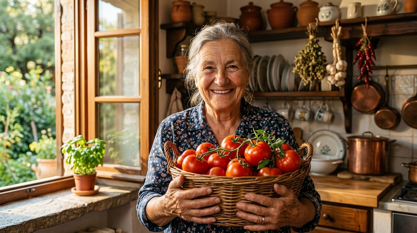 Femme âgée tenant un panier de tomates fraîches récoltées