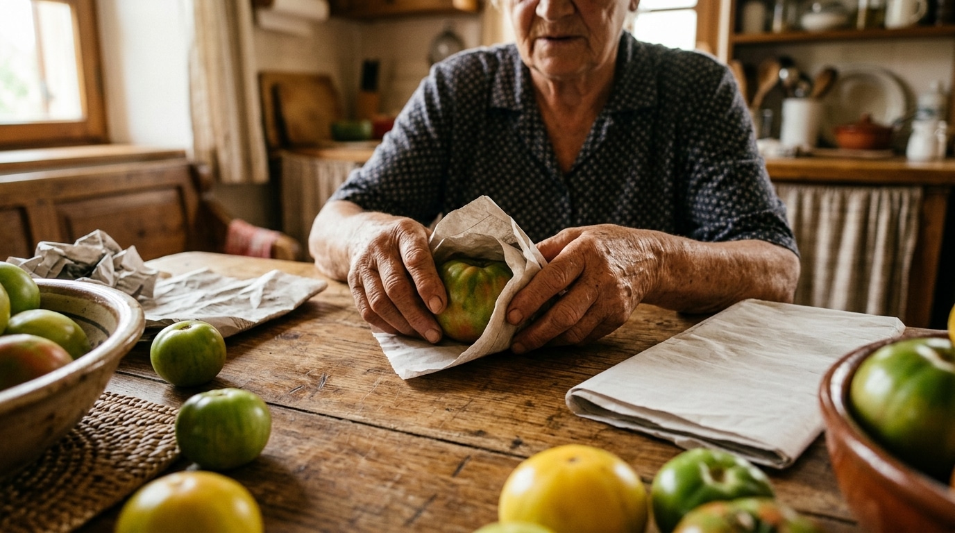 Mains enveloppant une tomate dans du papier journal