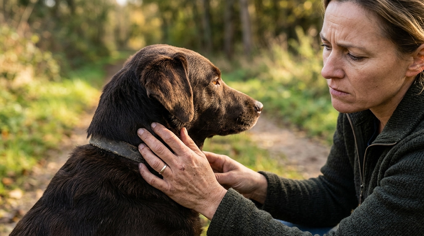 Propriétaire inquiet examinant le pelage de son chien