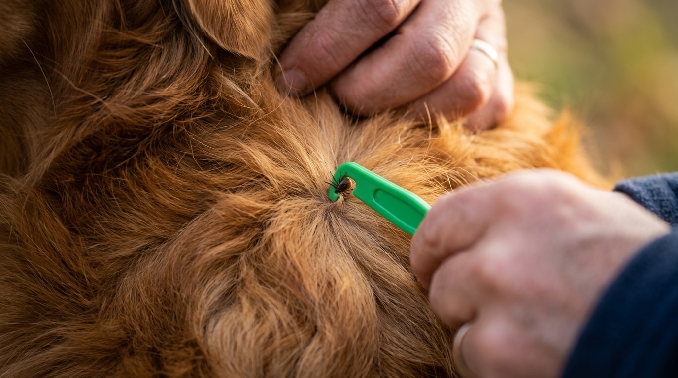 Crochet à tique en plastique utilisé sur un chien