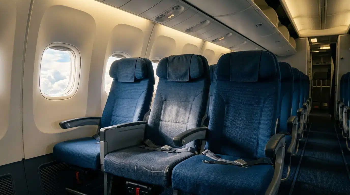Cabine d'avion vide avec sièges hublot et couloir