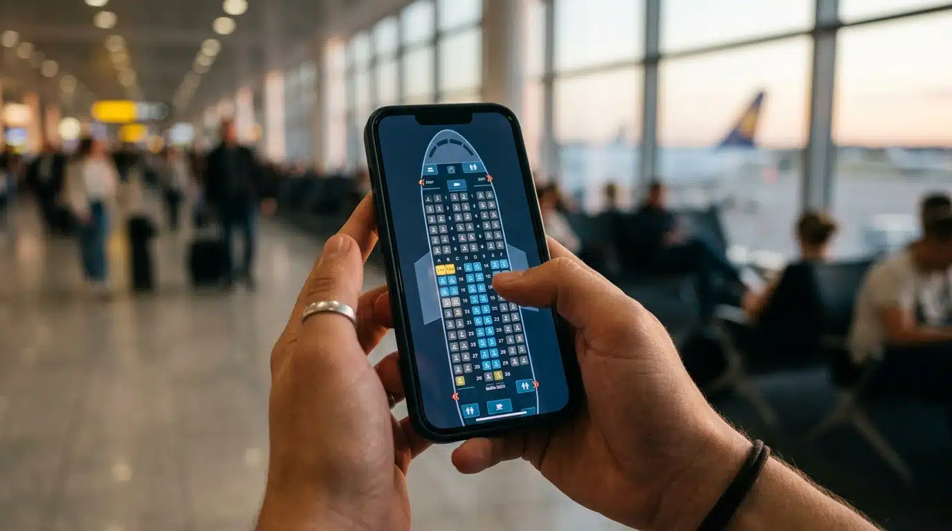 Main tenant un smartphone affichant un plan de sièges