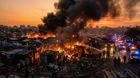 Bidonville en flammes avec fumée épaisse à la tombée du jour