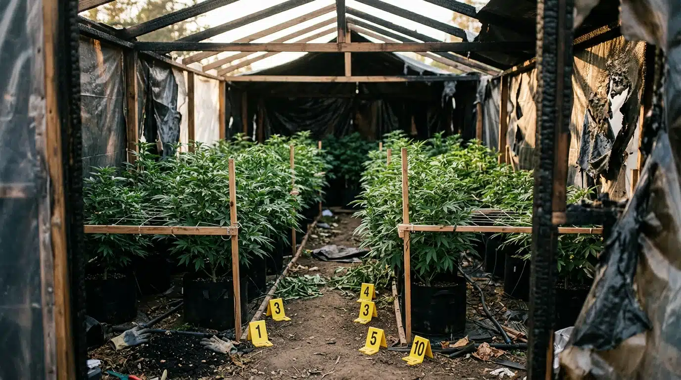 Plants de cannabis dissimulés dans un abri de fortune calciné