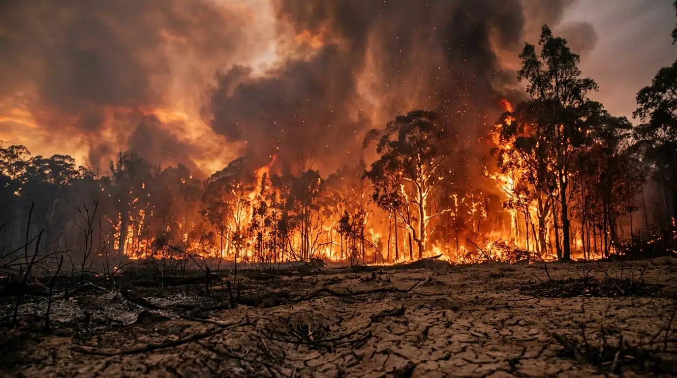 Forêt d'eucalyptus en flammes au Portugal