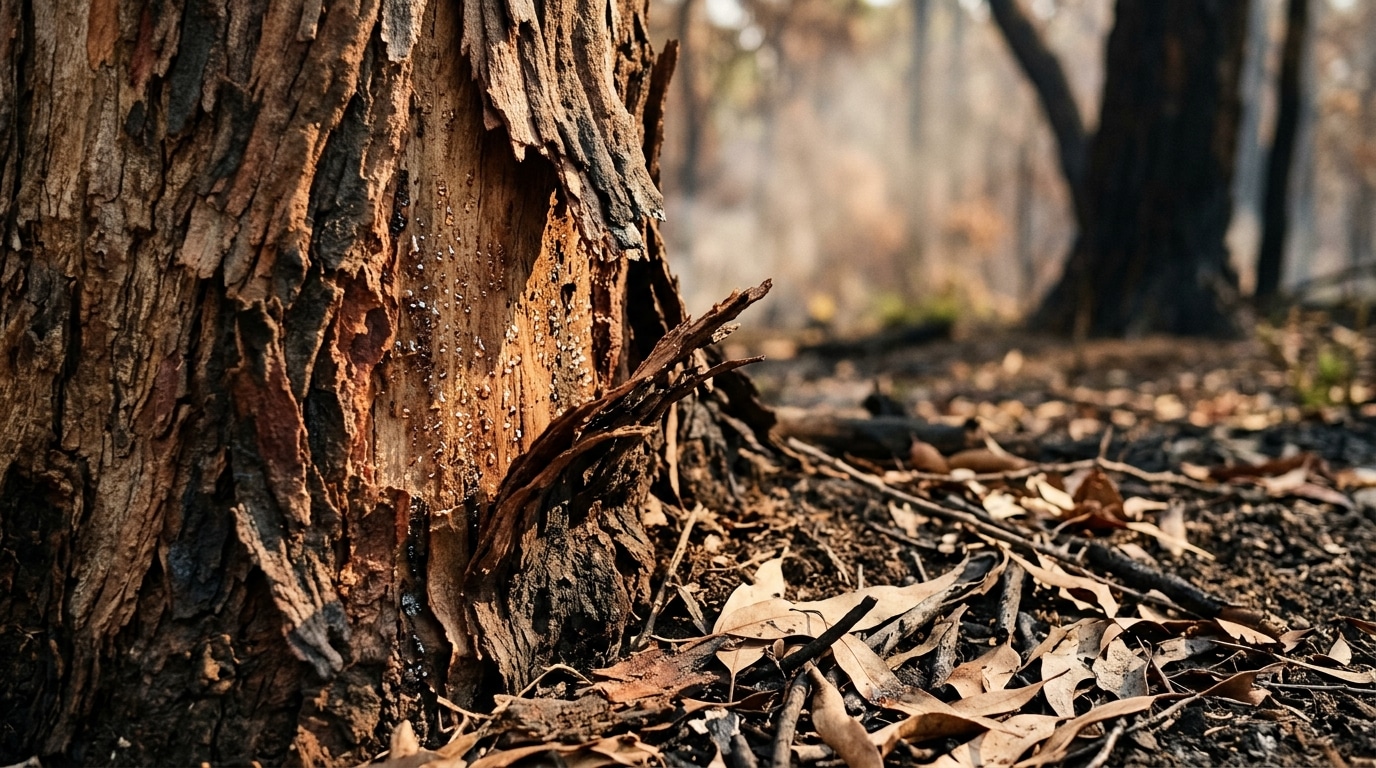 Écorce d'eucalyptus se détachant près d'un sol brûlé
