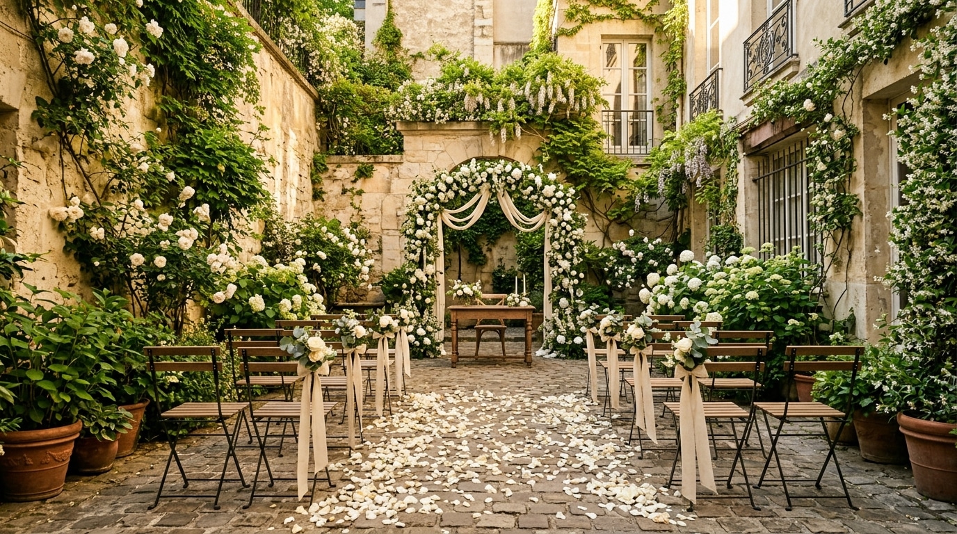 Cour parisienne ensoleillée décorée pour un mariage avec des fleurs blanches et des pétales de roses