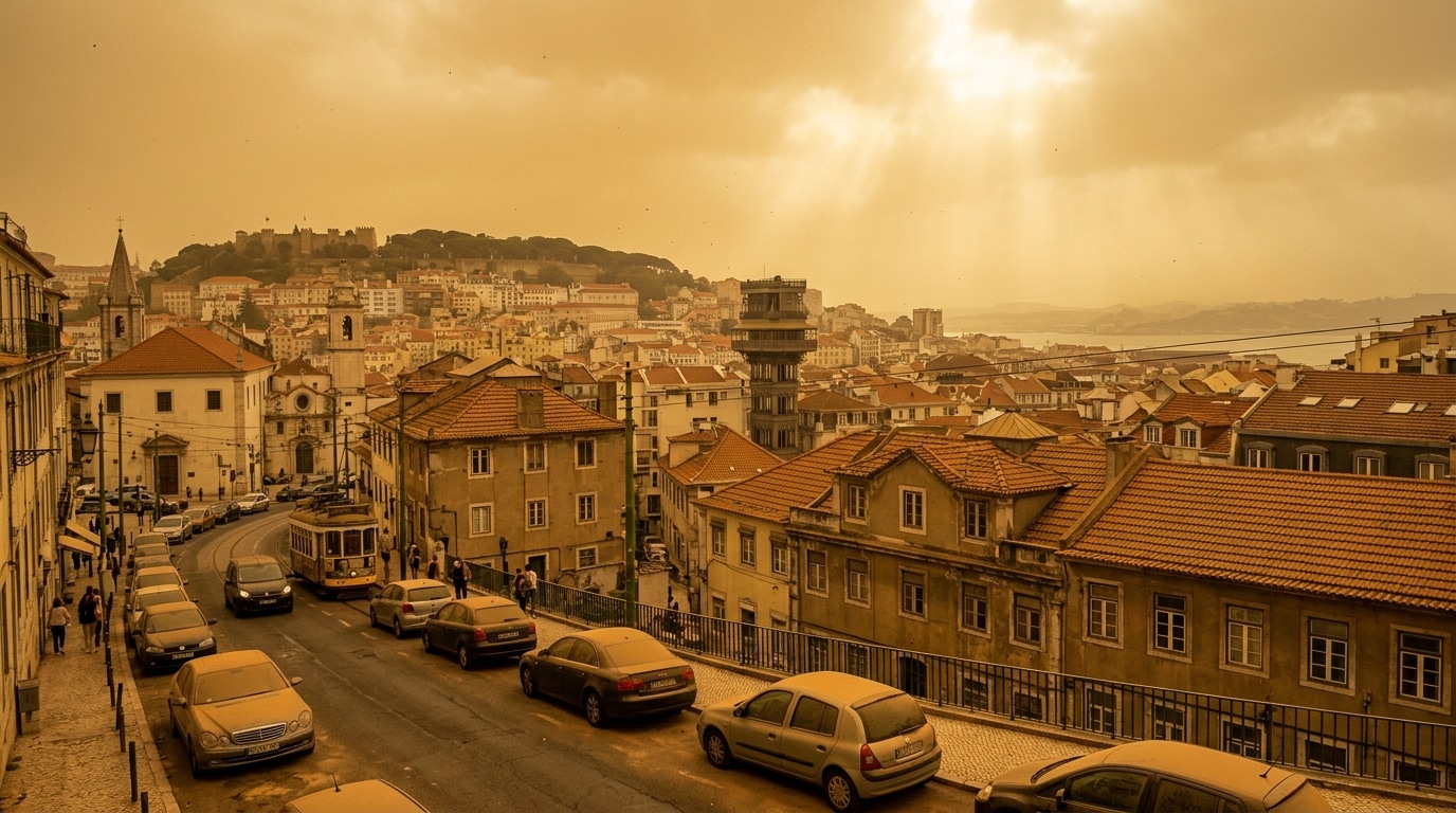Ciel voilé orange par la poussière du Sahara sur ville