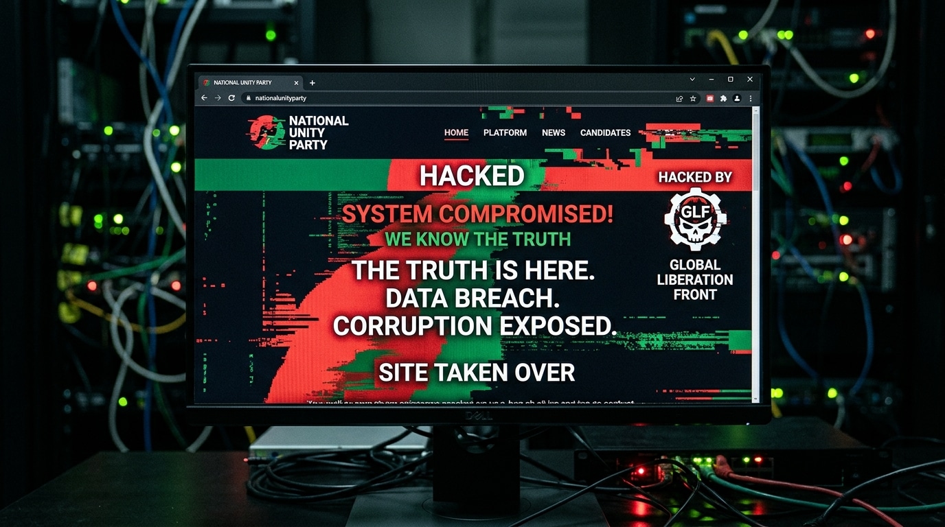 Écran d'ordinateur affichant un site web piraté avec des couleurs de drapeaux étrangers