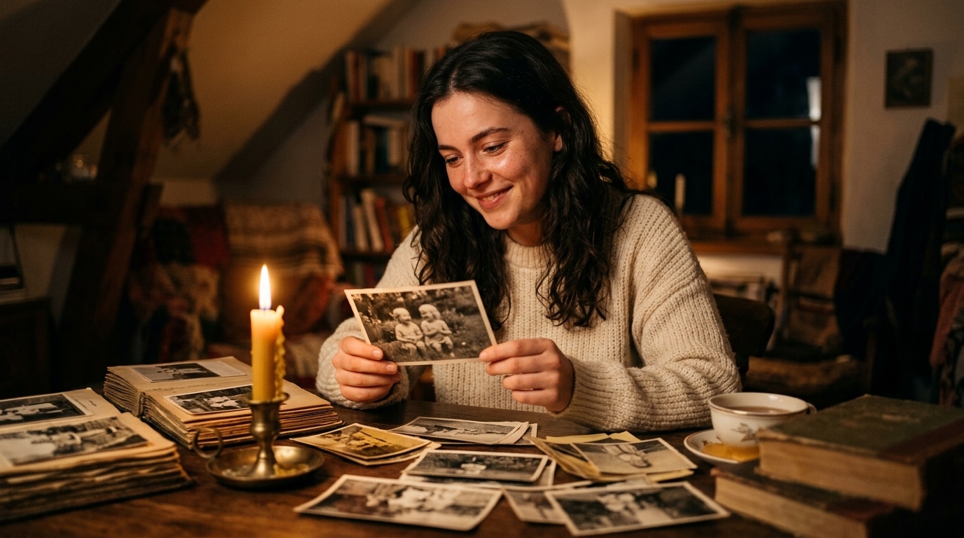 Femme redécouvrant des souvenirs d'enfance à la bougie