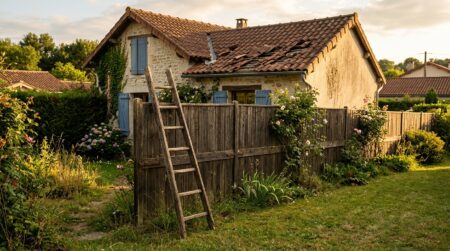 Échelle appuyée contre une clôture de jardin voisine