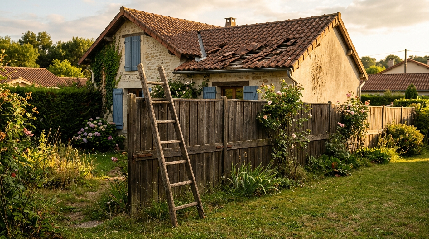 Échelle appuyée contre une clôture de jardin voisine