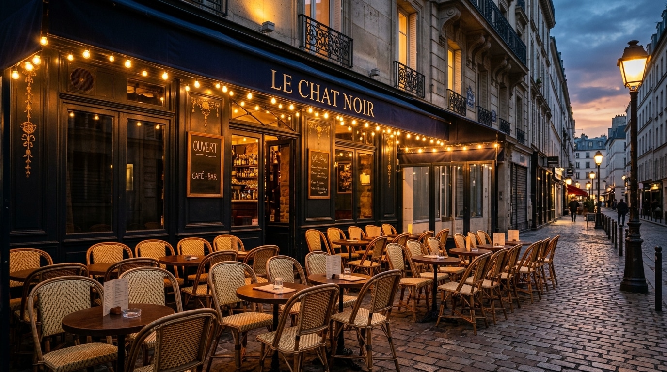 Terrasse de café parisien à la tombée du soir dans le 9e arrondissement