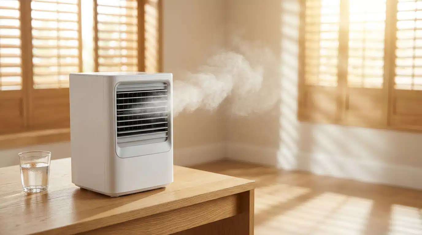 Petit refroidisseur d'air blanc posé sur un bureau diffusant de la brume