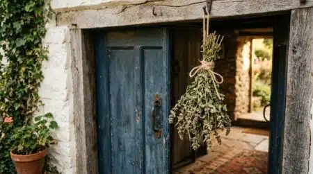 Bouquet de menthe séchée suspendu au-dessus d'une porte