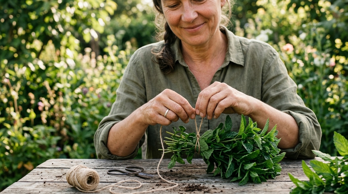 Mains liant des tiges de menthe fraîche en botte