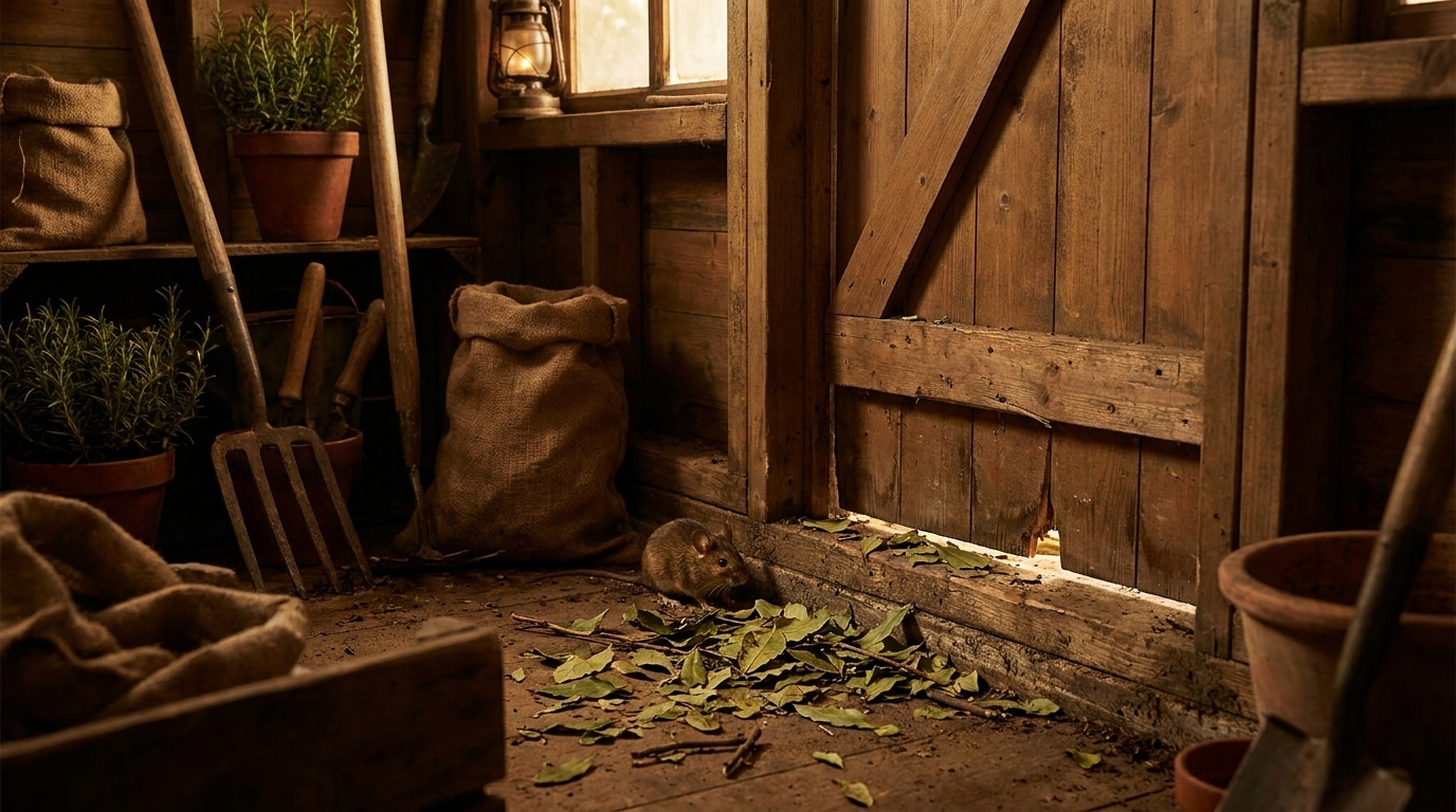 Feuilles de laurier écrasées au pied d'une porte de cabanon