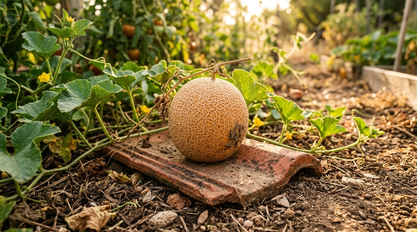 Melon posé sur une tuile en terre cuite au potager