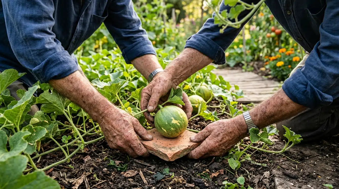 Mains posant une tuile sous un jeune melon