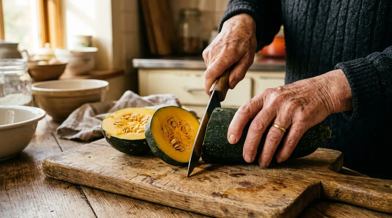 Mains coupant une courgette mûre dans une cuisine rustique