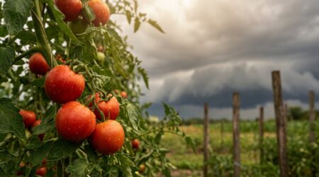 Tomates rouges sur pied dans un potager avant l'orage