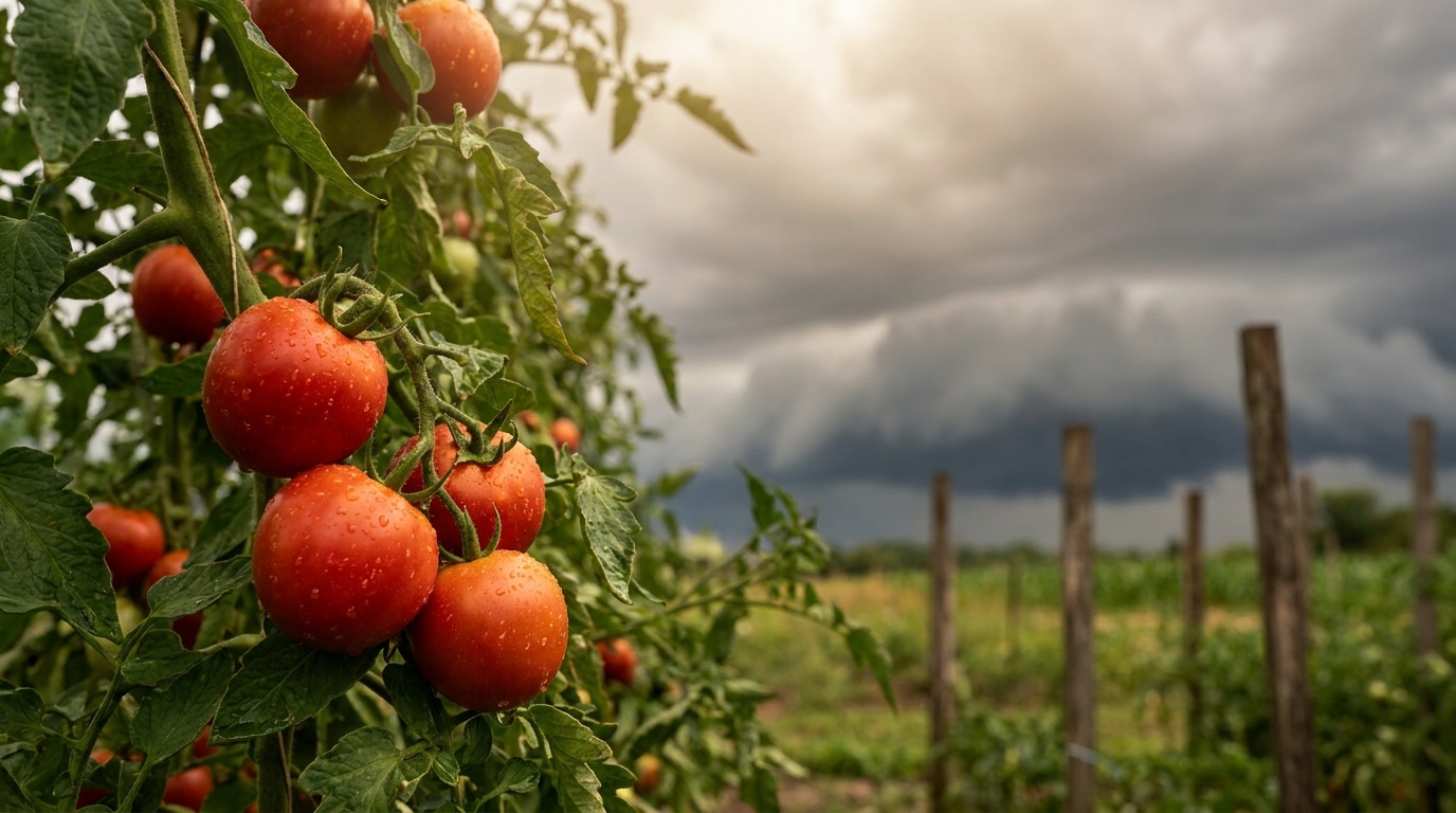 Tomates rouges sur pied dans un potager avant l'orage