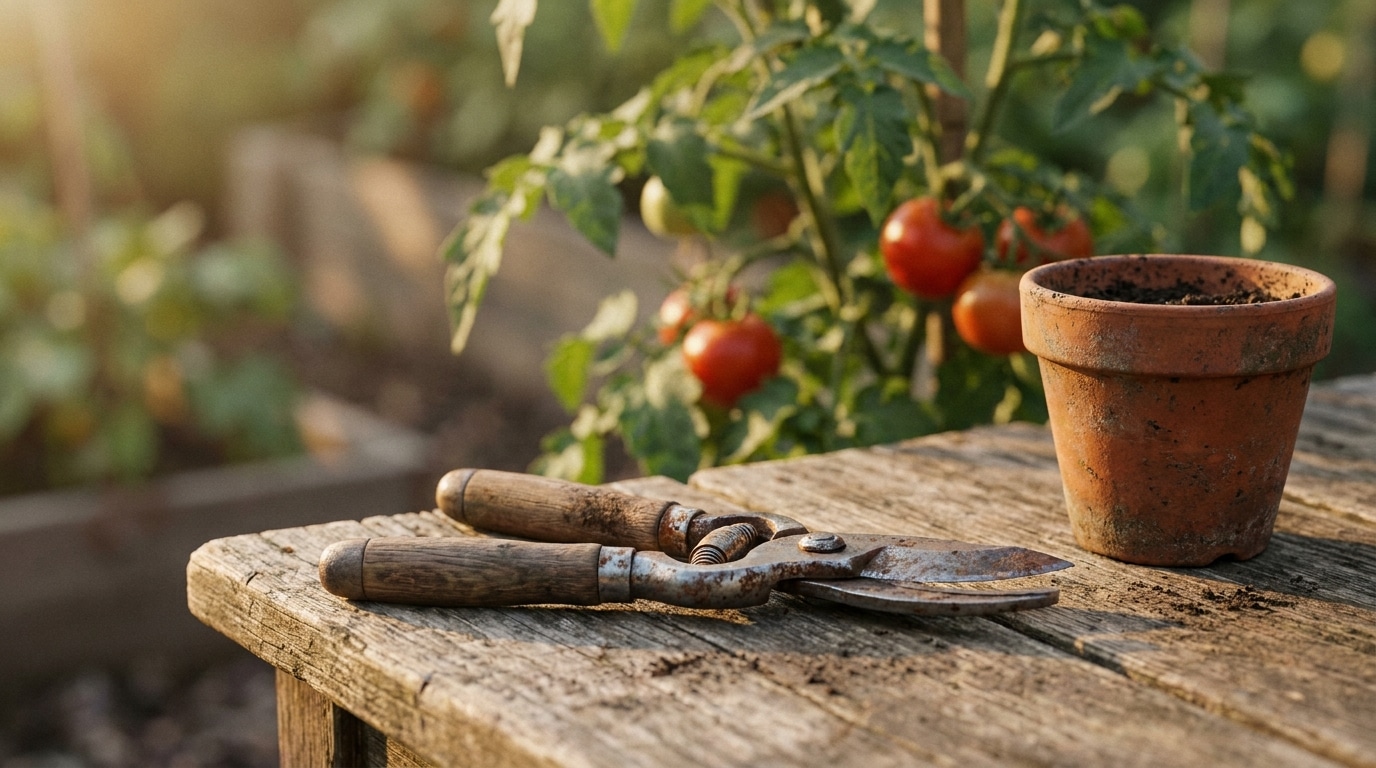Sécateur posé sur une table en bois près de plants de tomates