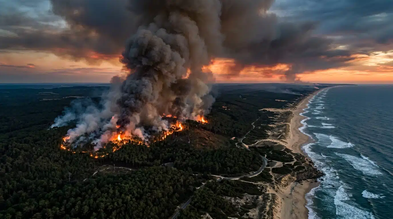 Vue aérienne d'un incendie de forêt en Gironde avec une épaisse fumée s'élevant au-dessus des pins