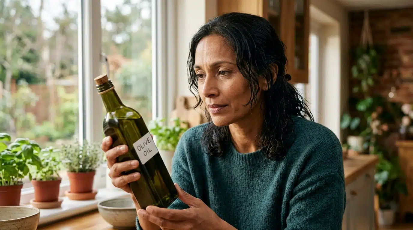 Personne examinant une bouteille d'huile d'olive dans la cuisine