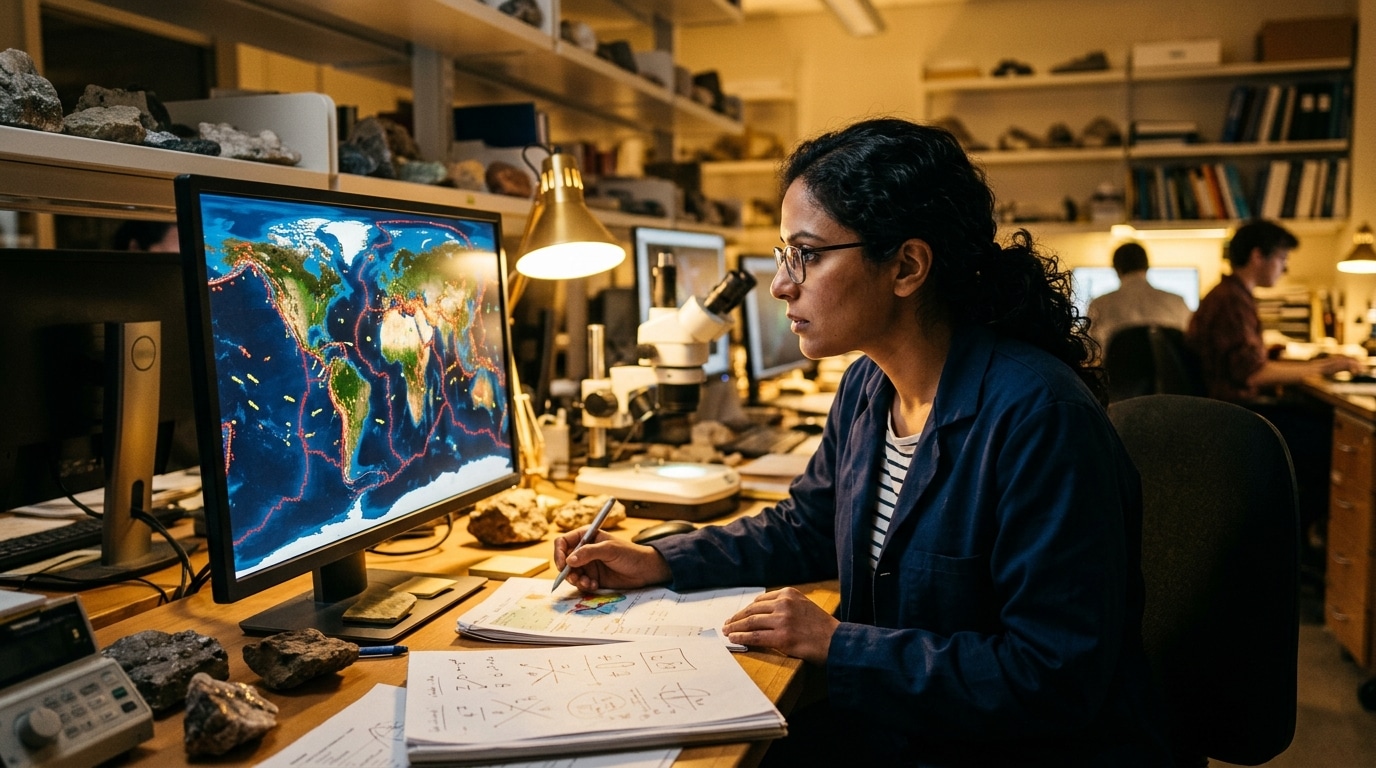 Géologue observant données satellites rotation tectonique