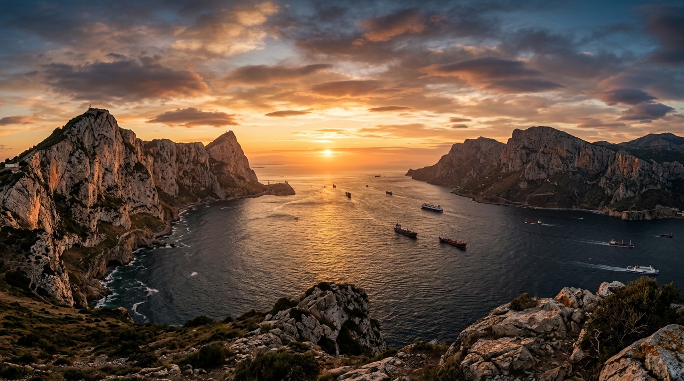 Détroit de Gibraltar entre Espagne et Maroc au coucher du soleil