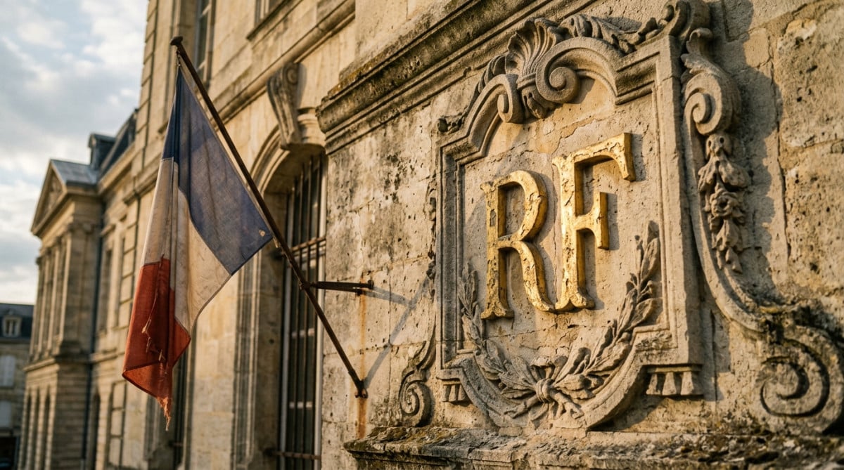 Lettres RF dorées gravées sur la façade d'une mairie française