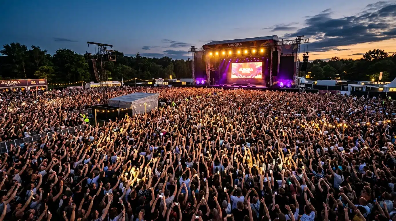 Foule de festivaliers en liesse sous les lumières du soir lors d'un grand festival en plein air