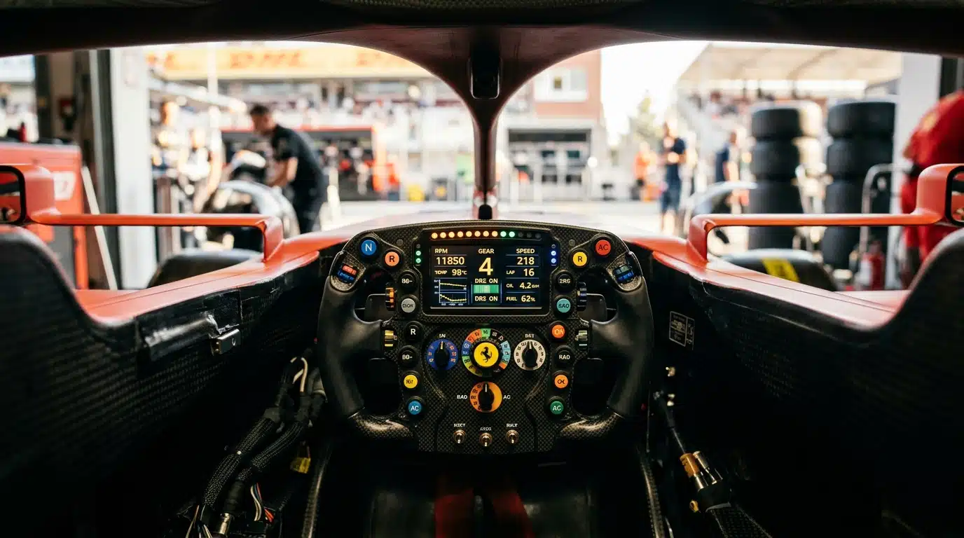 Volant et tableau de bord d'une monoplace de course
