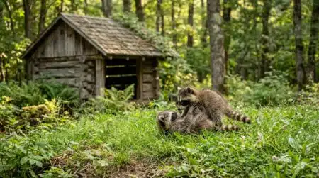 Deux bébés ratons laveurs jouant dans l'herbe verte