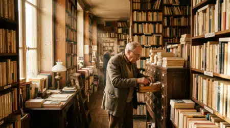 Libraire des années 80 cherchant un livre dans un fichier cartonné