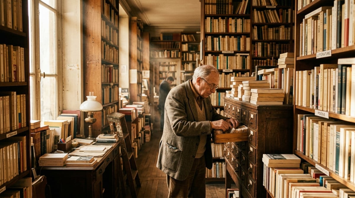 Libraire des années 80 cherchant un livre dans un fichier cartonné