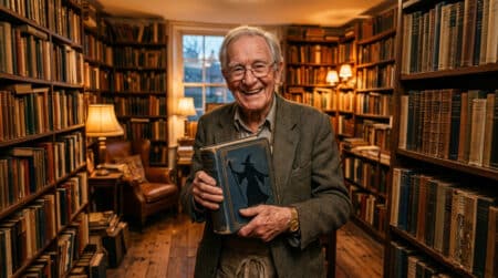 Libraire tenant un vieux roman de fantasy dans une librairie