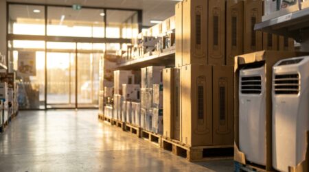 Rayons de ventilateurs empilés dans un supermarché Lidl
