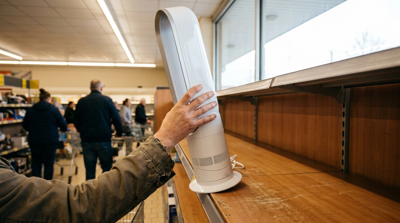 Main attrapant le dernier ventilateur sur une étagère presque vide