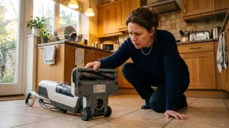 Femme inquiète vérifiant son nettoyeur de sols à la maison