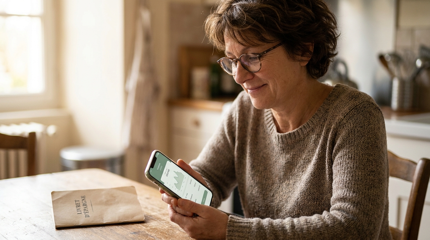 Femme consultant son application bancaire avec soulagement