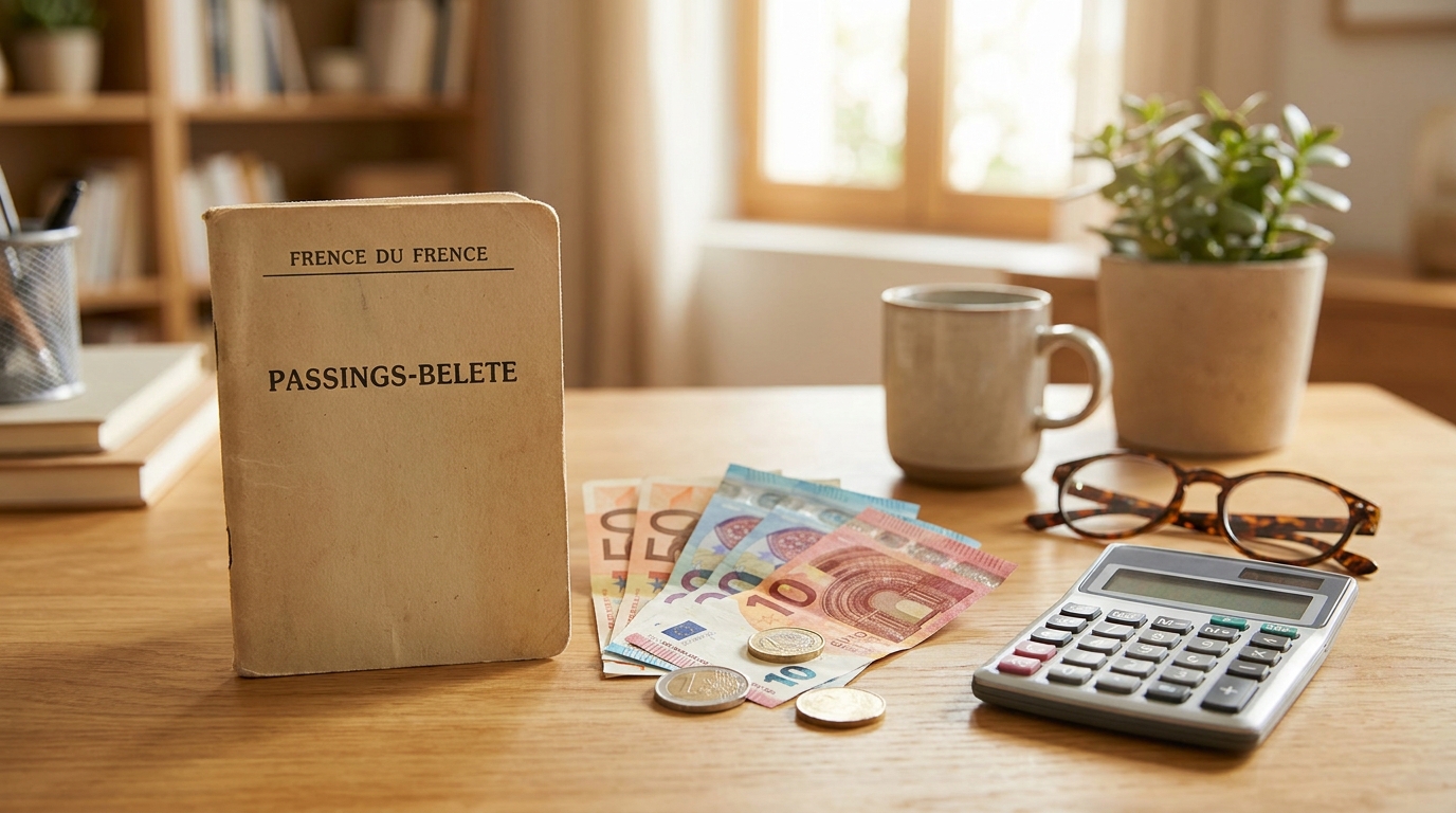 Livret d'épargne et billets sur bureau en bois